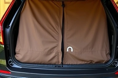 Detailed view of a car trunk docking tent connection.